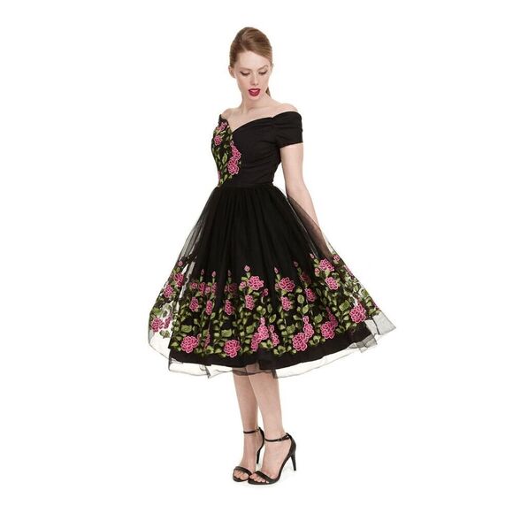 🌸 NWT Off Shoulder Retro Pinup Vintage 1950s Mesh Floral Embroidered Dress XL - Picture 11 of 16